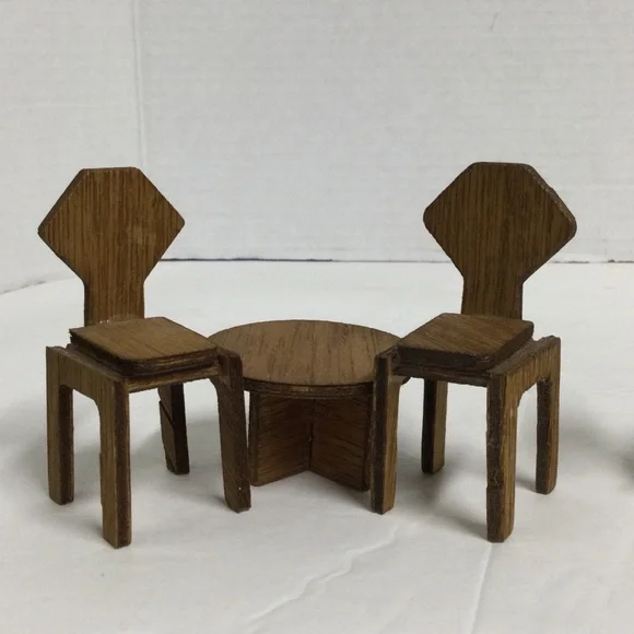 Vintage Miniature Wooden Dollhouse Furniture Sets 4 chairs & 2 round Tables - Picture 3 of 15